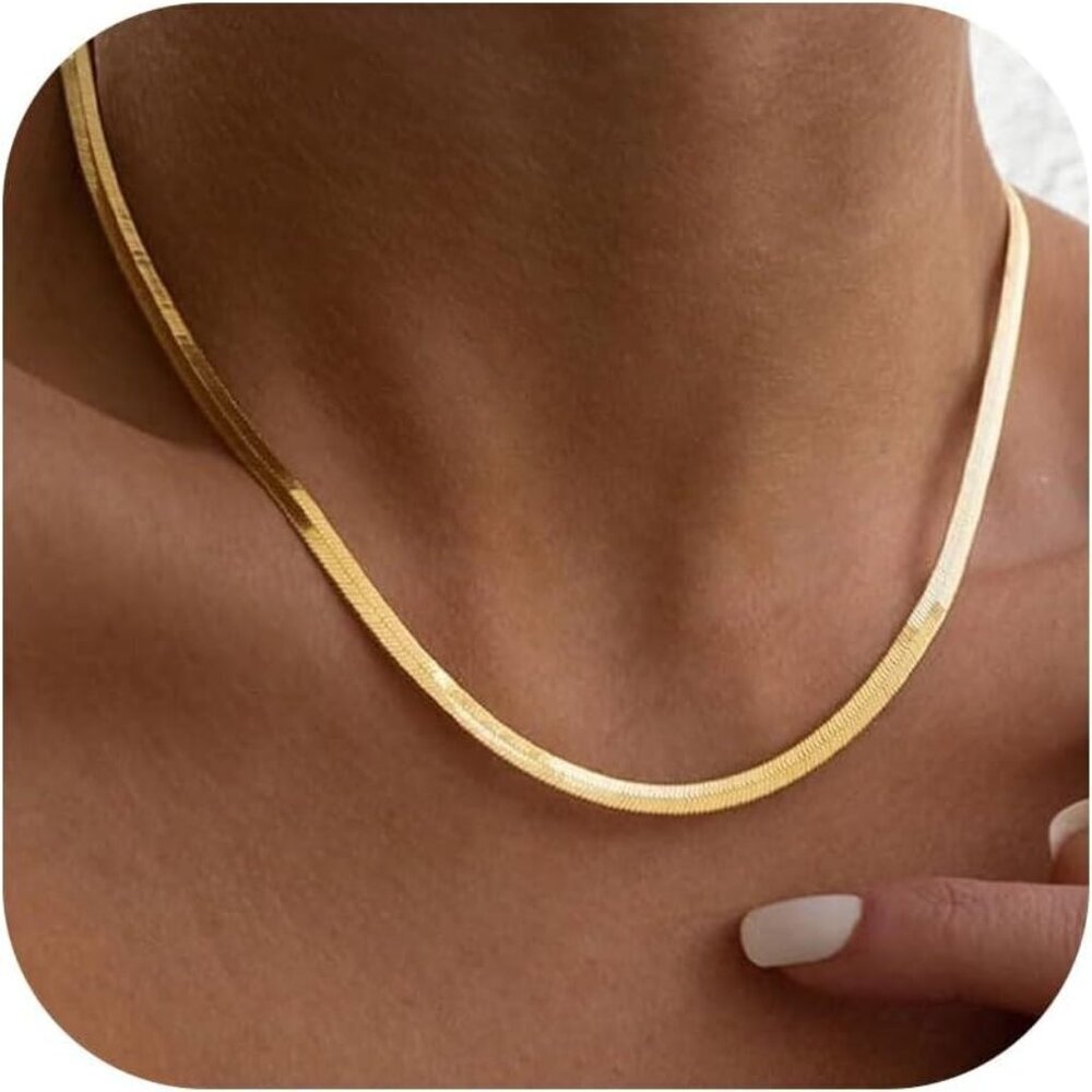14K Gold 5mm Herringbone Necklace Plated 925 Silver Dainty Chain Necklace Choker